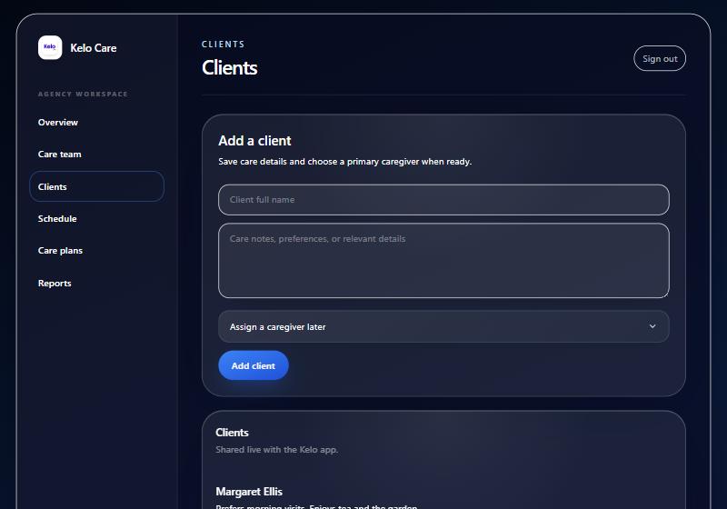 Kelo agency portal: Clients